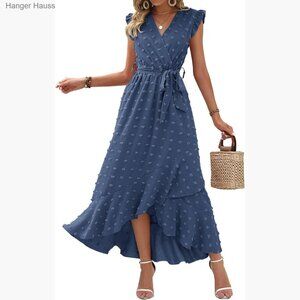 Swiss Dot Maxi Dress with V-Neck, Cap Sleeves, and Tie Waist